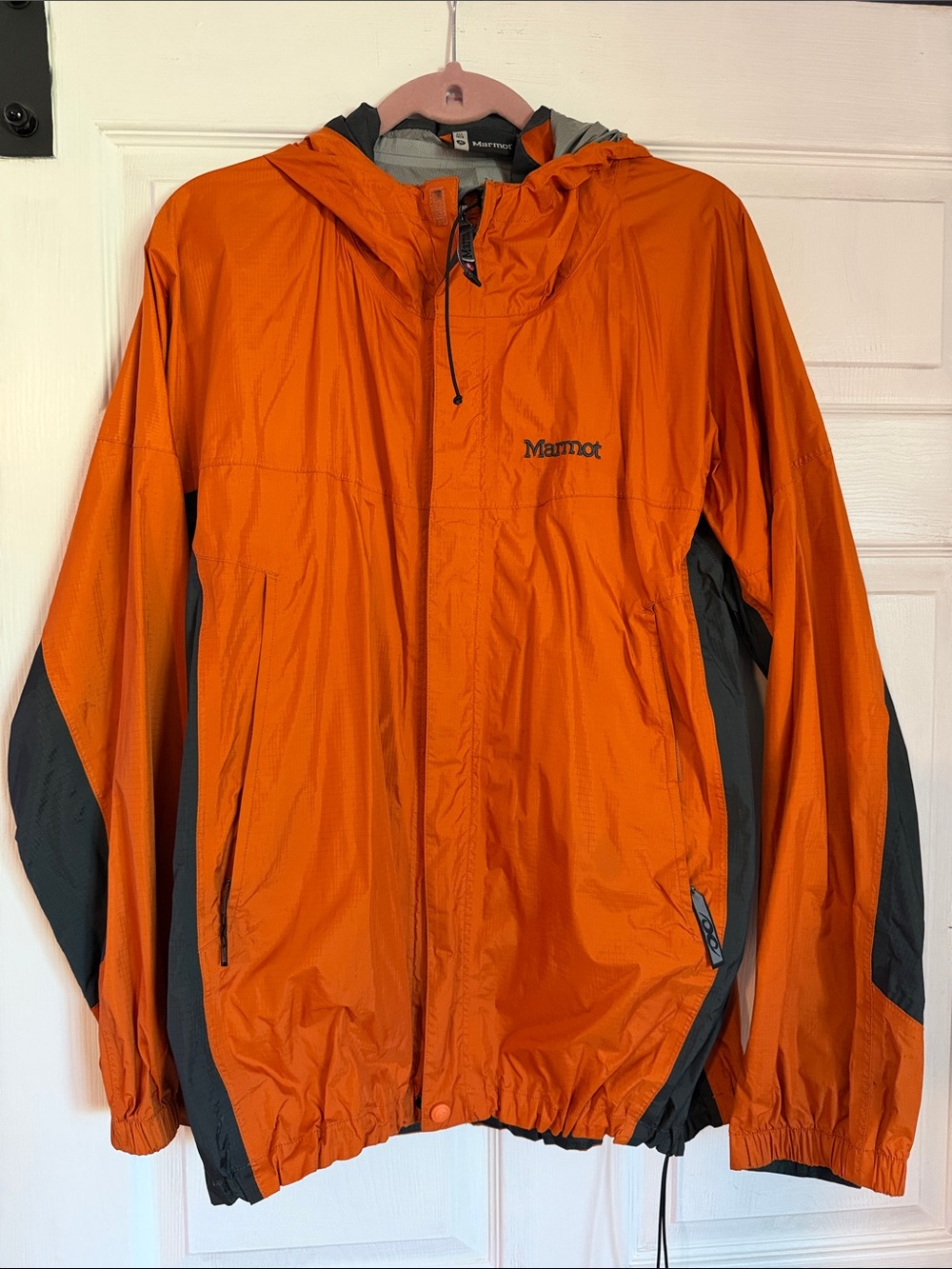 Marmot Men’s Orange Hooded Lightweight Jacket with Charcoal Panels